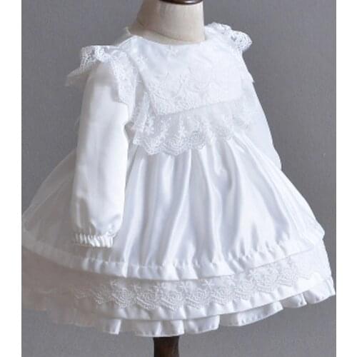 2020 Spring White Ivory Toddler Dress Girls for Christening Gown Long Sleeve 1 Year Birthday Dress Newborn Lace Babies Princess