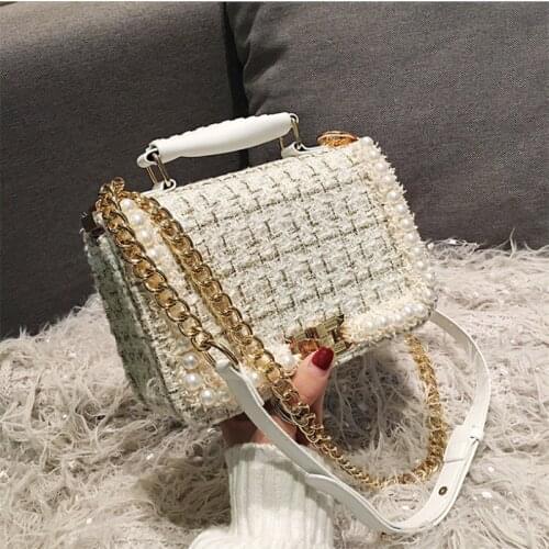 2021Fashion New Female Square Tote bag Quality Woolen Pearl Womens Designer Handbag Ladies Chain Shoulder Crossbody Bag Travel