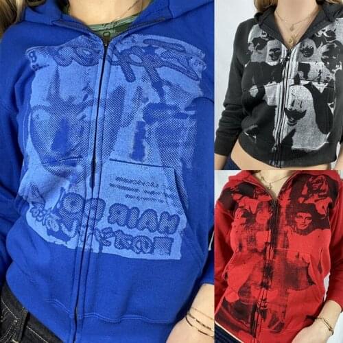 Null Women Autumn Zip Up Hoodie Jacket Harajuku Gothic Punk Abstract Portrait Graphic Hip Hop Sweatshirt Coat Long Sleeve Casual