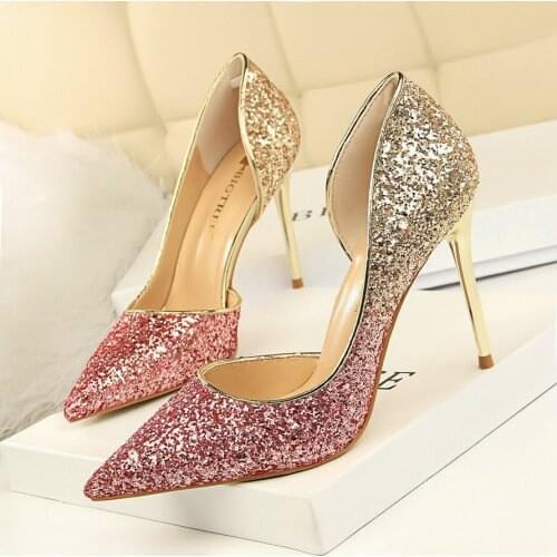 High heels women pumps 9.5CM thin heel Sexy colour Gradient Colorblock Sequins side Hollow Pointed Toe sexy prom wedding shoes