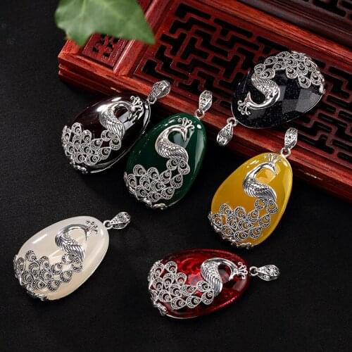 S925 Sterling Silver Antique Mosaic Pomegranate Red Peacock Pendant Female High-end Sweater Chain Pendant Wholesale