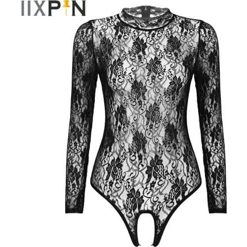 Womens Lingerie Sexy Crotchless Bodysuit Floral Pattern Stand Collar See-Through Open Crotch Lace Back Zipper Leotard Nightwear