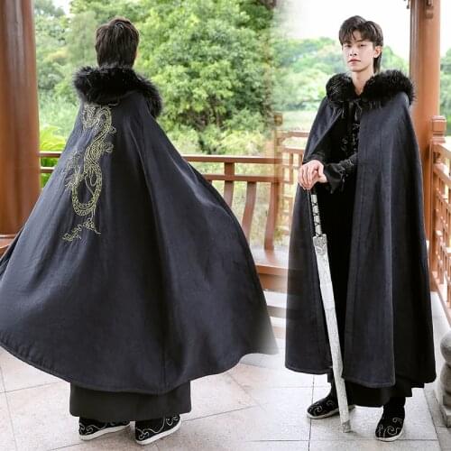 Winter Warm Men`s Chinese Hanfu Cloak Traditional Embroidery Black Cape Male Christmas Cos Costume Thick Hanfu Clack for women