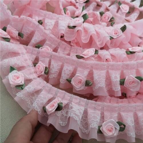 1M Latest Pleated Guipure Rose Lace Ribbon Trim Material 5cm Pink Lace Fabric DIY Sewing Accessories For Trimmings Clothing QT8