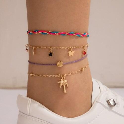 4Pcs/set Bohemian Fashion Personality Star Shell Coconut Tree Anklets for Women Summer Beach Anklet Chain