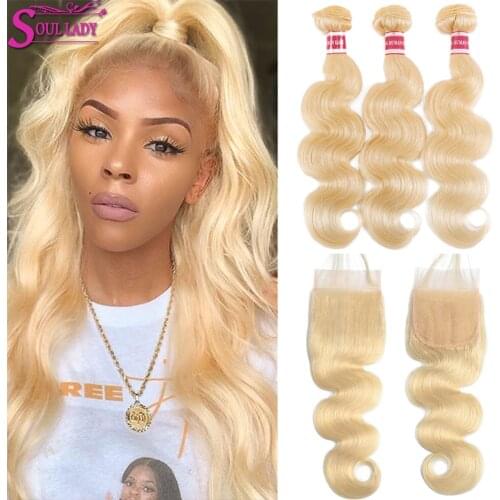 Soul Lady 613 Bundles With Closure Platinum Honey Blonde Body Wave With Closure Peruvian Remy Hair Bundles With Closure