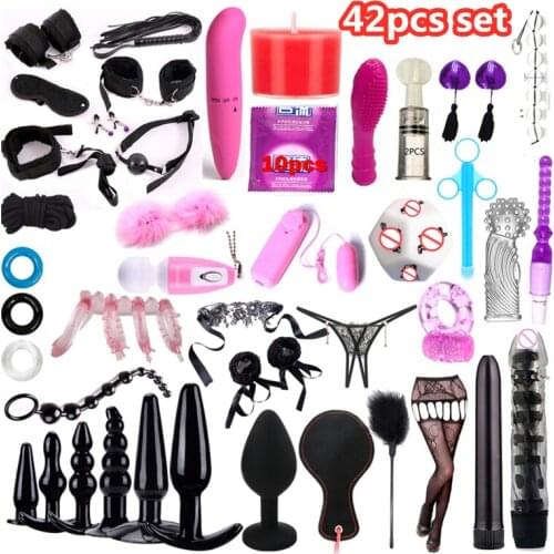 42pcs set SM Bondage Restraints Set Kit Ball Gag Cuff Whip Collar Fetish Toys Bdsm Sex Restraint Set Fetish Boots Adult Sex Toys