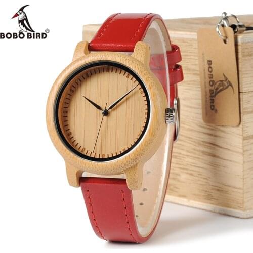 BOBO BIRD WJ09 Simple Style Bamboo Women Watch Bamboo Dial Genuine Red PU Leather Band Quartz Watches Relojes mujer Accept OEM