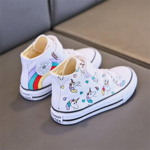 Toddler Canvas Childrens Shoes Cartoon Graffiti Children Sneakers Rainbow Casual Shoes for Girl Comfortable High Top Kids Shoes