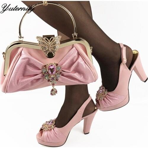 Pink Color African Elegant Rhinestone Shoes And Bags To Match Set High Quality High Heels Shoes And Bag Set For Eevning Dress