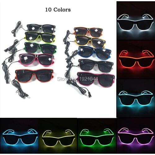 Hot Sale EL Wire Glowing Sunglasses with dark lens DC-3V Steady on Inverter LED Neon Light up Glasses for Glow Party Decoration