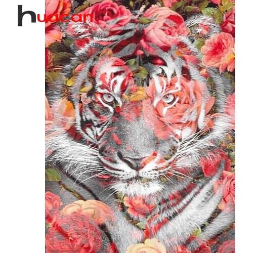 Huacan Diamond Painting Animal Tiger Full Drill Embroidery Mosaic Rose Cross Stitch Home Decoration Diamond Art