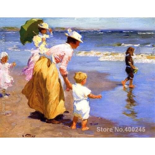 Oil Painting for kids room At the Beach mother and children by Edward Henry Potthast Hand painted High quality