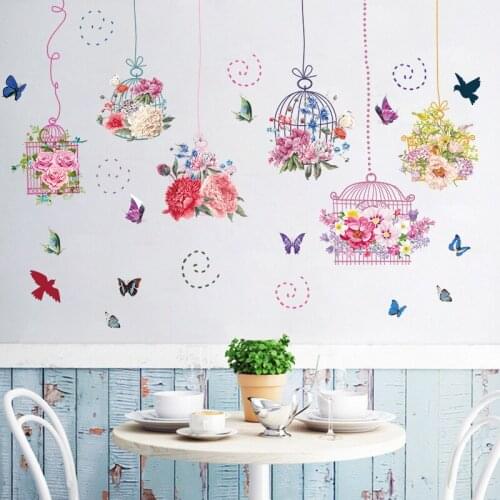 Birdcage Wall Stickers Flowers Bedroom Living Room Sofa Backdrop Decal PVC Decorative Warm Aesthetic Art Mural