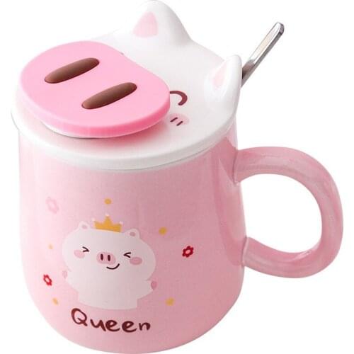 Coffee Cup 400 Ml Pink Piggy Cute Tea Cup Ceramic Holder with Matching Cover Mobile Phone Holder Drinking Cup Great Birthday