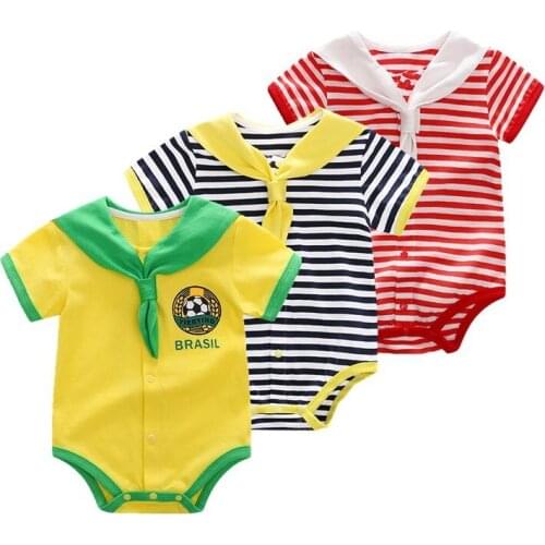 2021 Summer Newborn Baby Boy Girl Bodysuit Twin Baby Short Sleeve Cotton Striped Infant Baby Clothing Baby Jumpsuit For 0-2y