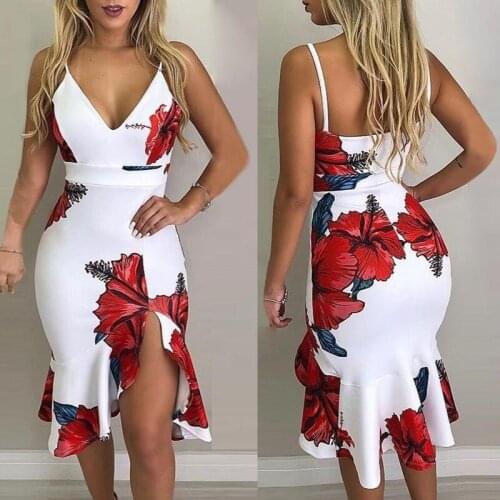 Summer Casual V Neck Spaghetti Strap Sleeveless Floral Print Slit Ruffles Mini Holiday Sexy Asymmetric Womens Dress Boho Style