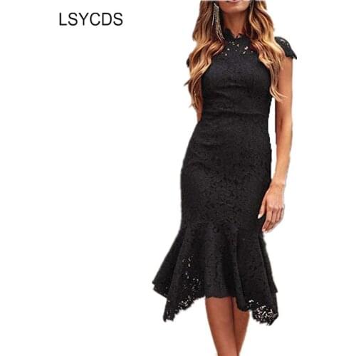 LSYCDS Vintage Lace Dresses Floral Sleeveless Summer Dress Women Elegant Black Ladies Casual Dress Mermaid Party Night 2021