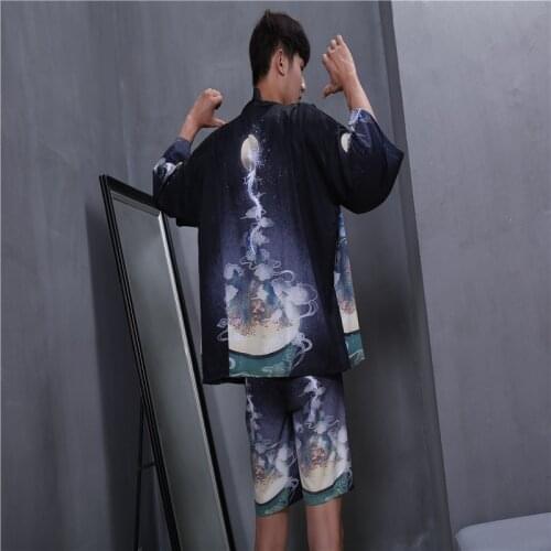 Chinese style Loose mens kimono cardigan shorts sun protection suit mens summer Hanfu cardigan ukiyo-e kimono robe shirt short