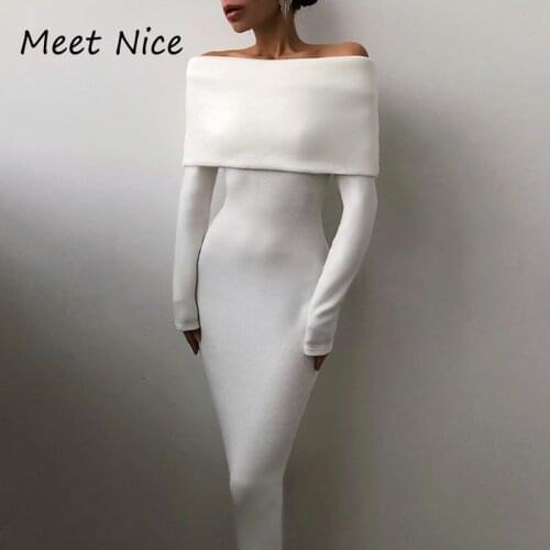New Women Autumn Dress Long Sleeve Dresses Sexy Slash Neck Off Shoulder Midi Bodycon Dress Party Night Club Robe Long Dresses