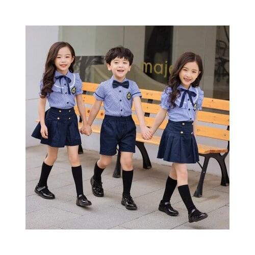 New boys and girls summer dress kindergarten uniforms primary school students uniforms British style stripes two-piece suit