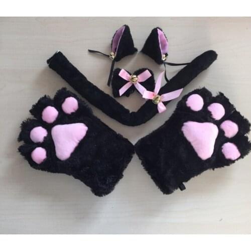 New Anime Cosplay Costume Ahri Cat Ears Plush Paw Claw Gloves Tail Bow-tie 1 Set Women cos fox