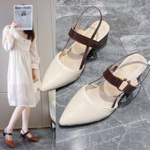 Low Sandals Woman Leather Low-heeled Rome Slides Rubber Hoof Heels PU Fabric Low Sandals Woman Leather Low-heeled Hoof Heels Rub