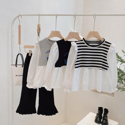 Girls Sport Shirts For Autumn 2021Children All-match Long-sleeved Tops Kids Puff Sleeve Skirtstyle Stitching Long-sleeved Blouse