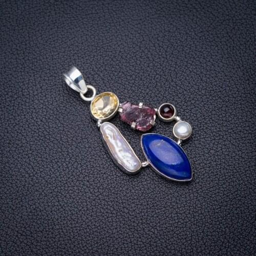StarGems Natural Lapis Lazuli Citrine,Amethyst And Biwa Pearl Handmade 925 Sterling Silver Pendant 2" E4054