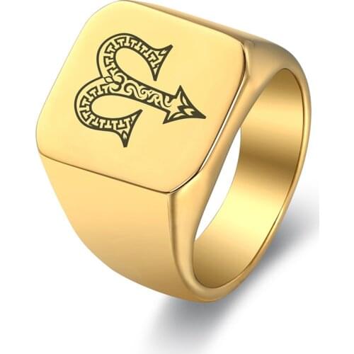Gold Color 18mm Zodiac Sign Constellation Signet Ring for Men Women Stainless Steel Retro Chunky Finger Knuckle Ring DHR453