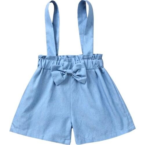 2021 0-5Y Summer Kids Girls Suspender Shorts Sweet Style Toddlers Solid Color Bow Decoration Blue Denim Overalls Short Trousers