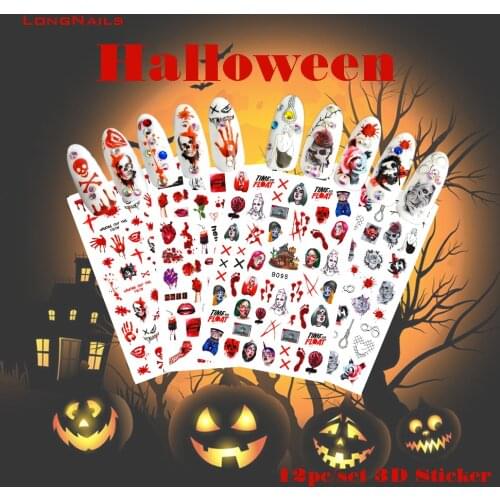 30th/Oct HALLOWEEN 3D Stickers Nail 9.5*7.5cm Scar Design Trick/Treat Joker Adhesive Decal Manicure Ghost Nail DIY Sticker 12pcs