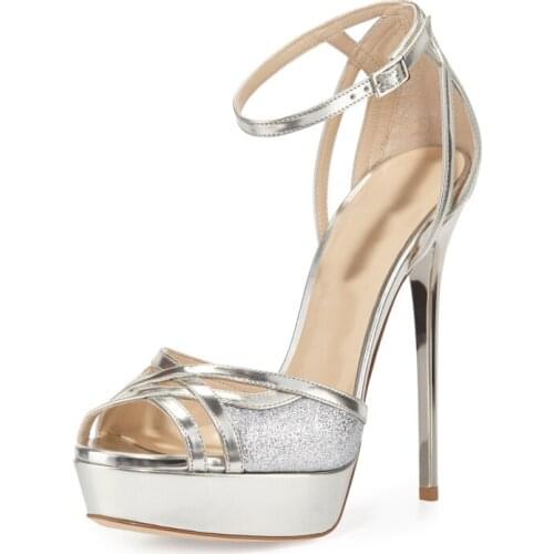 Brand Elegant sandals Women High Heels Pumps Super high heel 13cm Women Banquet sandals waterproof platform toe Silvery sandals