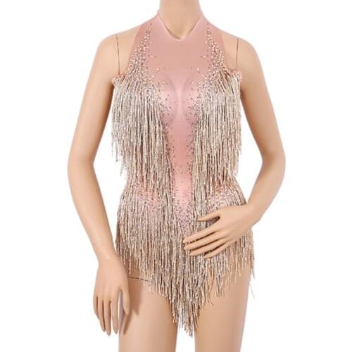 Glisten Beads Costume One-piece Dance Wear Singer Stage Leotard Bodysuit Sexy Sparkly Gold Tassel Bodysuit Rhinestones Outfits