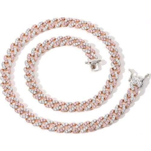 HIP Hop Pink White Cubic Zirconia Paved Bling Iced Out Two Tone Cuban Link Chain Chokers Necklaces for Women Men Rapper Jewelry