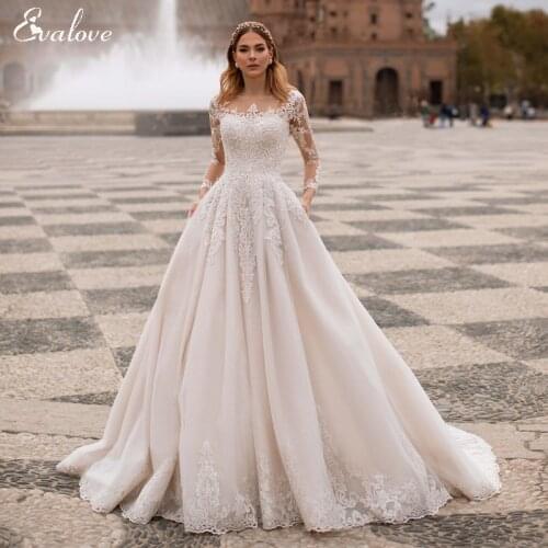 EVALOVE Luxury Scoop Neck Beading Custom A-Line Wedding Dress Gorgeous Full Sleeve Appliques Sparkly Tulle Princess Bridal Gown