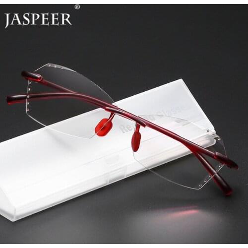JASPEER Trendy Crystal Reading Glasses Women Rimless Anti Blue Light Magnification Eyewear Diamond Presbyopic Glasses +100 +150