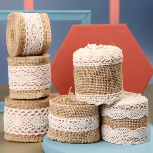 2M 5CM Width Natural Burlap Lace Ribbons with White Lace Trims for DIY Home Wedding Favor Decoration and Gift Packaging
