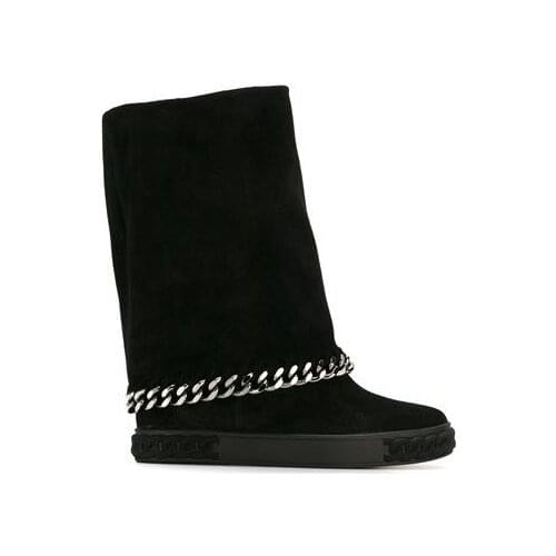 Moraima Snc Fashion Black Suede Long Boots for Woman Round Toe Height Increasing Chains Decoraitons Knee High Boots