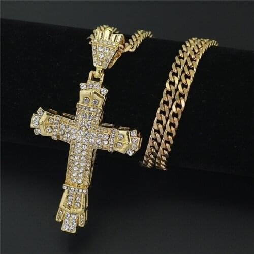 Mens Necklace Vintage Fashion Full Rhinestone Cross Pendant Hip Hop Necklaces For Male Antique Jewelry Gold/Silver Color Chain