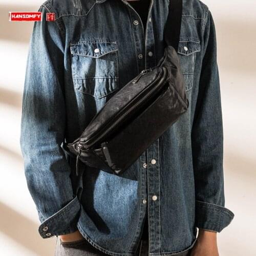 Genuine Leather Fashion Men Chest Bag Shoulder Multi-Purpose Package First Layer Cowhide Crossbody Leisure Sports Waist Bag