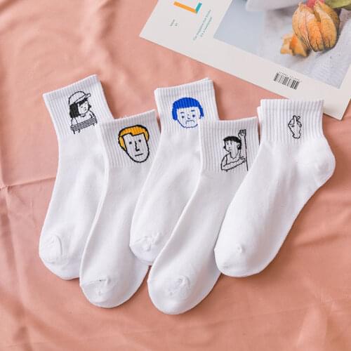 5 Pairs Korea Style Women Cute Socks Harajuku Female Cotton Socks White Cartoon Socks Japanese Hipster Skateboard Funny Socks