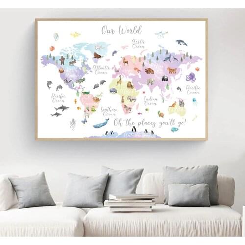 Educational Animal World Map Picture Children Poster Nursery Wall Art Canvas Print Painting Baby Kid Bedroom Playroom Home Decor
