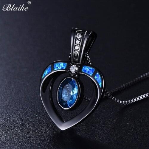 Blaike Blue/White Fire Opal Hollow Heart Pendant Silver Color/Black Gold Filled Birthstone Necklace Valentine Gift