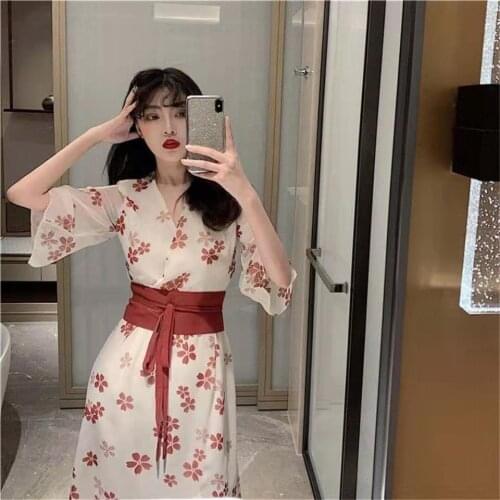 PIPIMOTHER Women Large Size Short Sleeve Hanfu Dress Summer Slim Chiffon Dress
