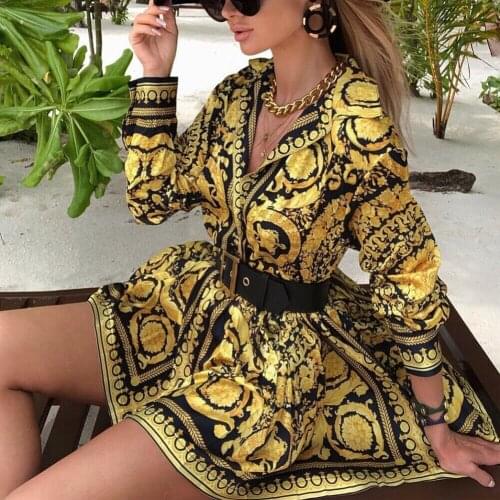 Shirt Dress Women Vintage Long Sleeve Party Dress Elegant Printed Mini Dresses Streetwear Winter Clothing Autumn