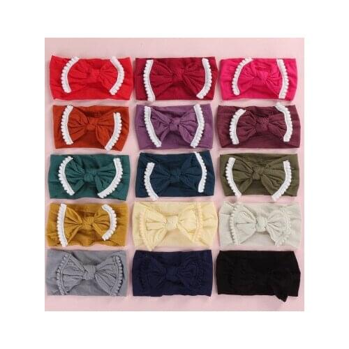 Newborn Pomp Pomp Trim Nylon Headbands Soft Stretch Elastic Bows Head Bands Toddlers Girls Candy colors Cotton Head Wraps Turban
