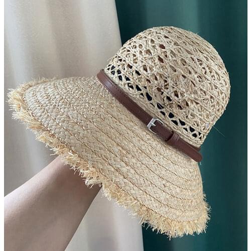 Quality New Summer Hollow Out Dome Straw Hat Female Hand Woven Raffia PU Belt Decoration Holiday Sun Hat Fashion Custom Style