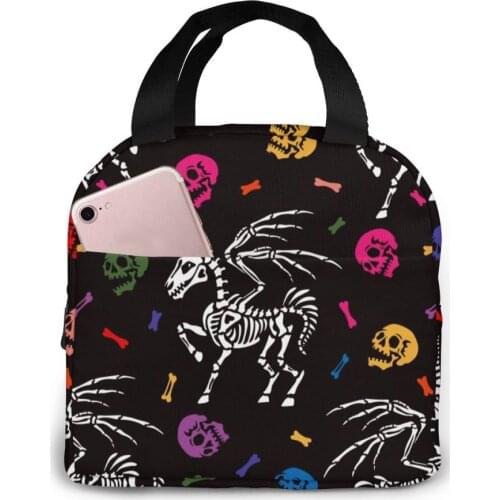 Multicolored Human Skulls And Bones Unicorn With Wings Bag Portable Zipper Thermal Lunch Bag Convenient Lunch Box Tote Food Bag