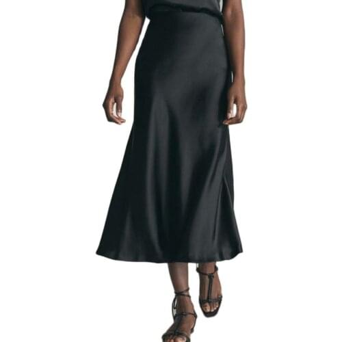 2020 Spring Summer Women High Waist Satin Skirt Metallic Color Long Skirt Shiny Silk Imitation Midi Skirt Silver Black